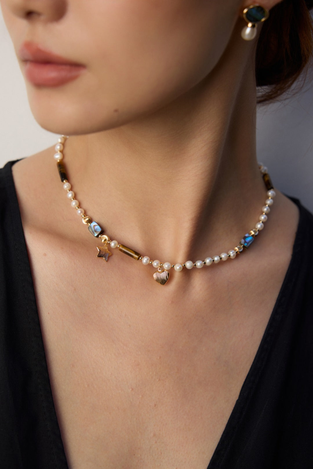 Tiger Eye Stone Abalone Shell Pearl Necklace Gembea Jewelry