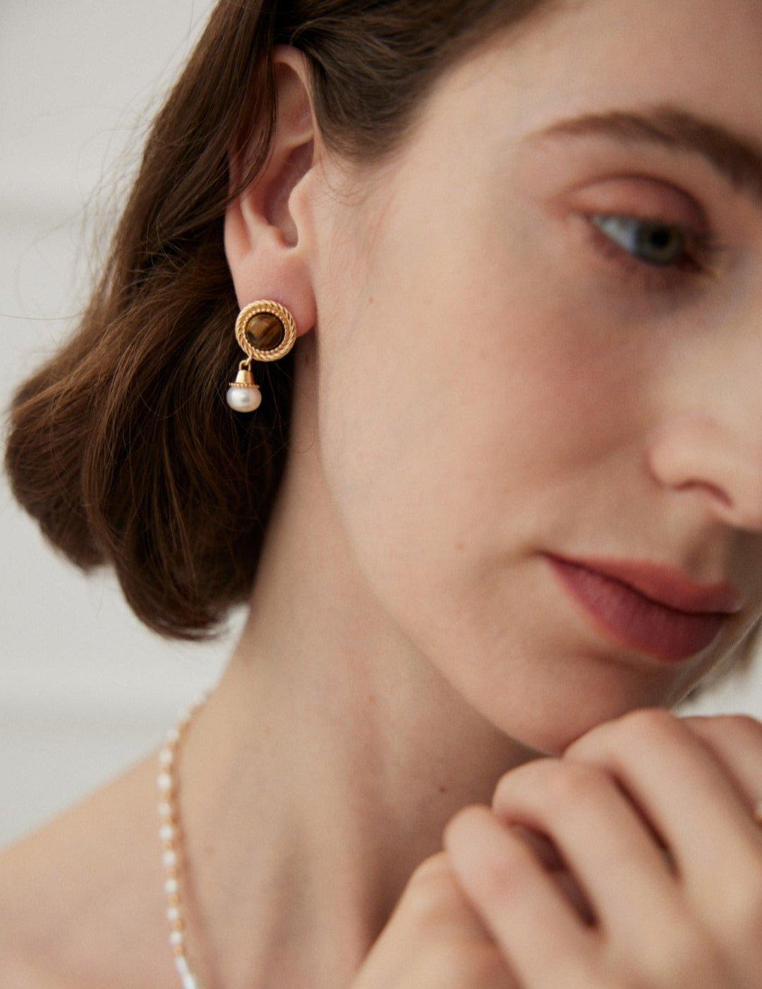 Tiger Eye Gemstone Pearl Pendant Earrings - Gembea Jewelry