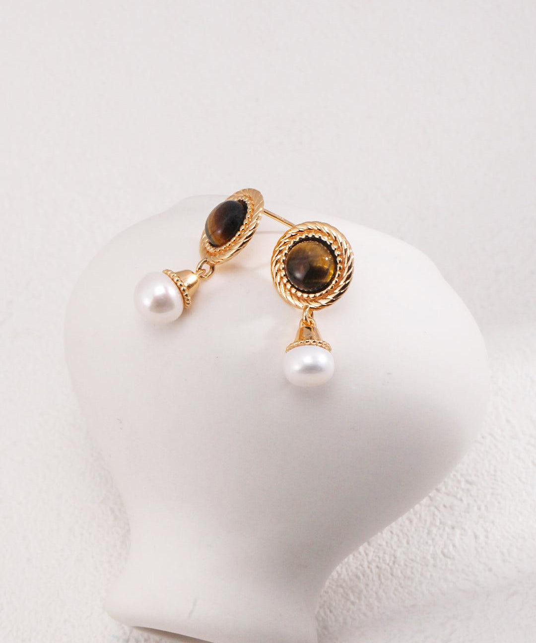 Tiger Eye Gemstone Pearl Pendant Earrings - Gembea Jewelry