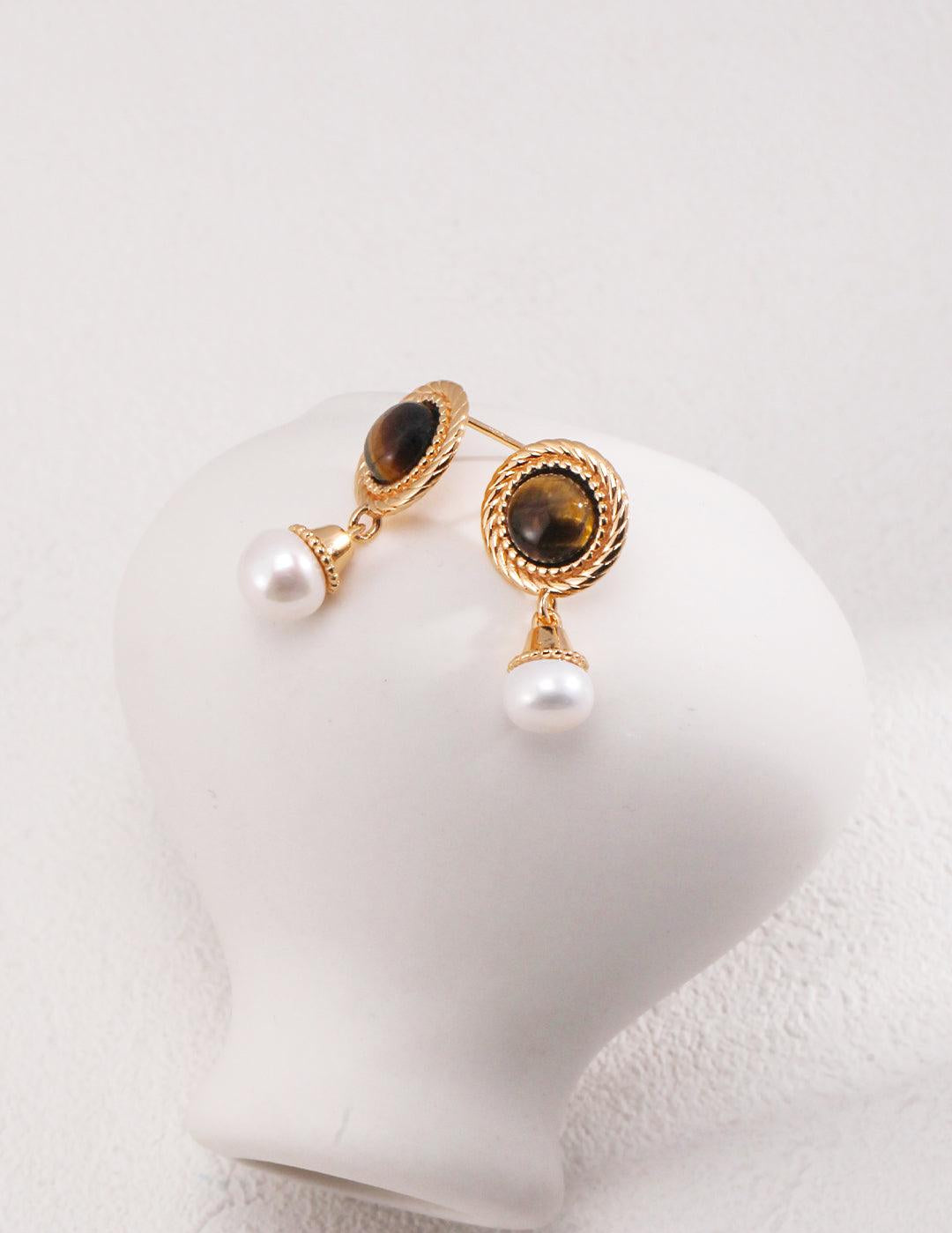 Tiger Eye Gemstone Pearl Pendant Earrings - Gembea Jewelry