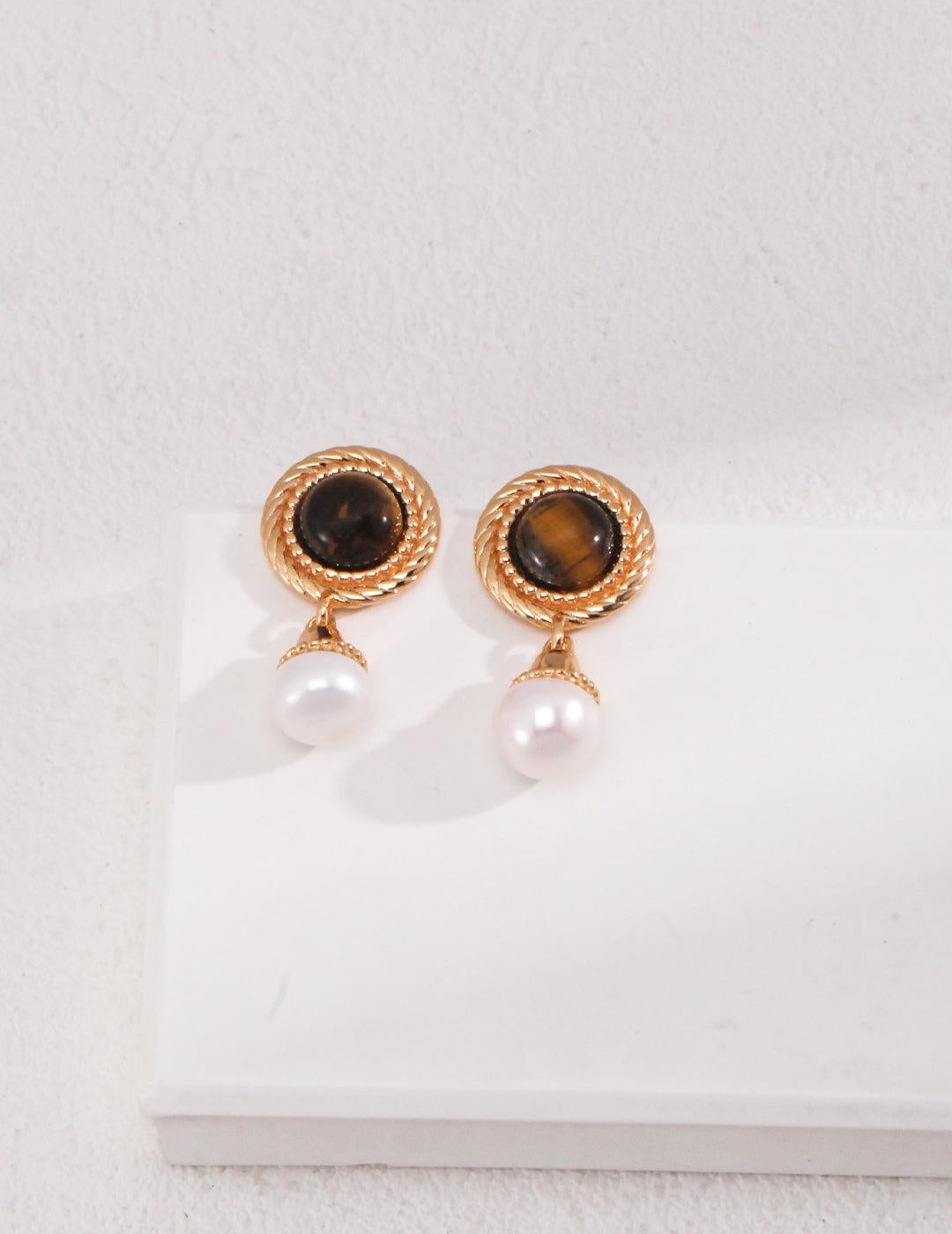 Tiger Eye Gemstone Pearl Pendant Earrings - Gembea Jewelry