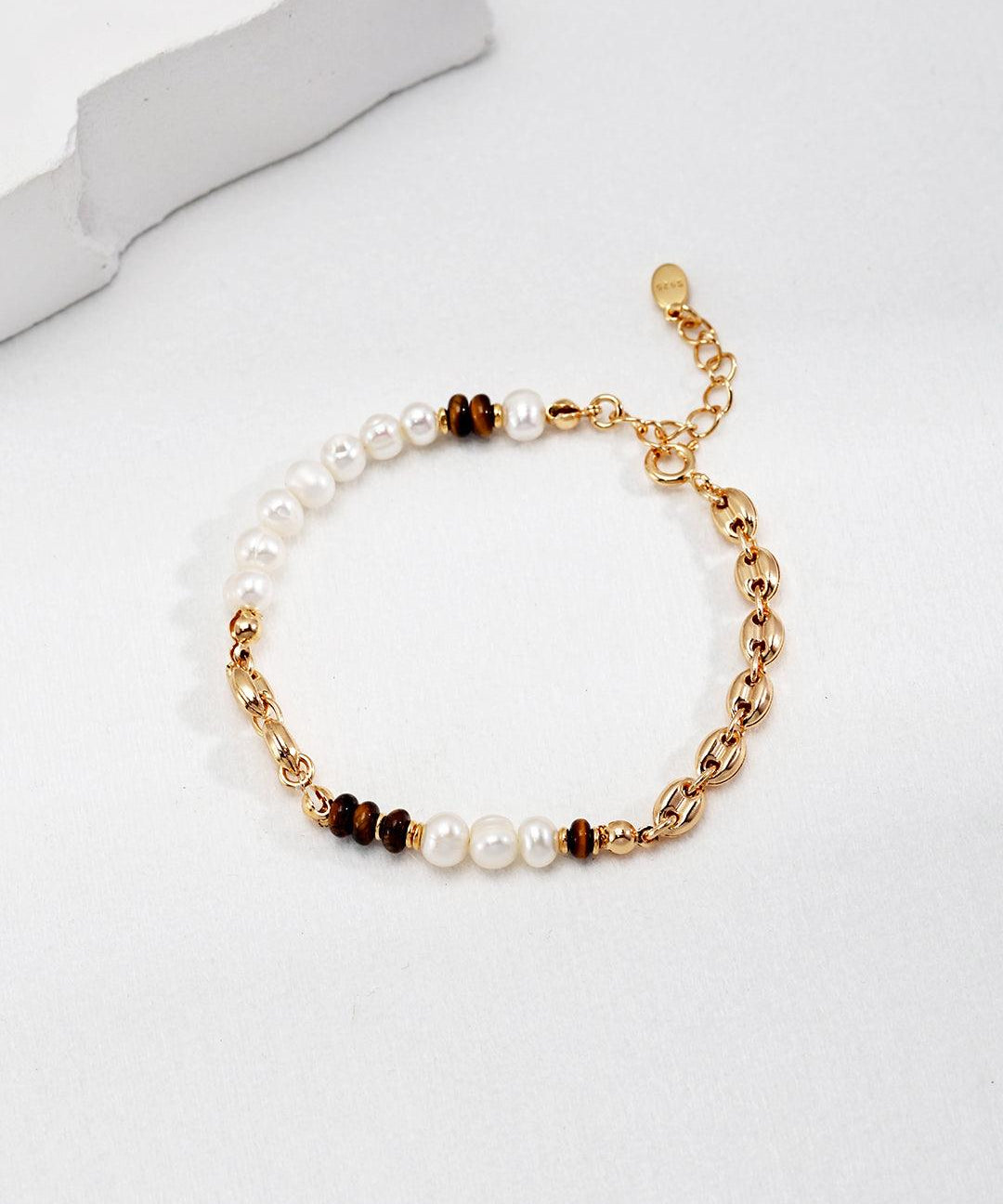 Tiger's Eye Gold Chain Pearl Bracelet - Gembea Jewelry