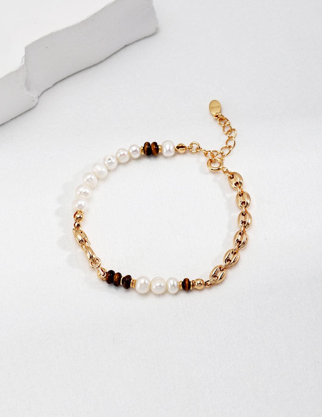 Tiger's Eye Gold Chain Pearl Bracelet - Gembea Jewelry