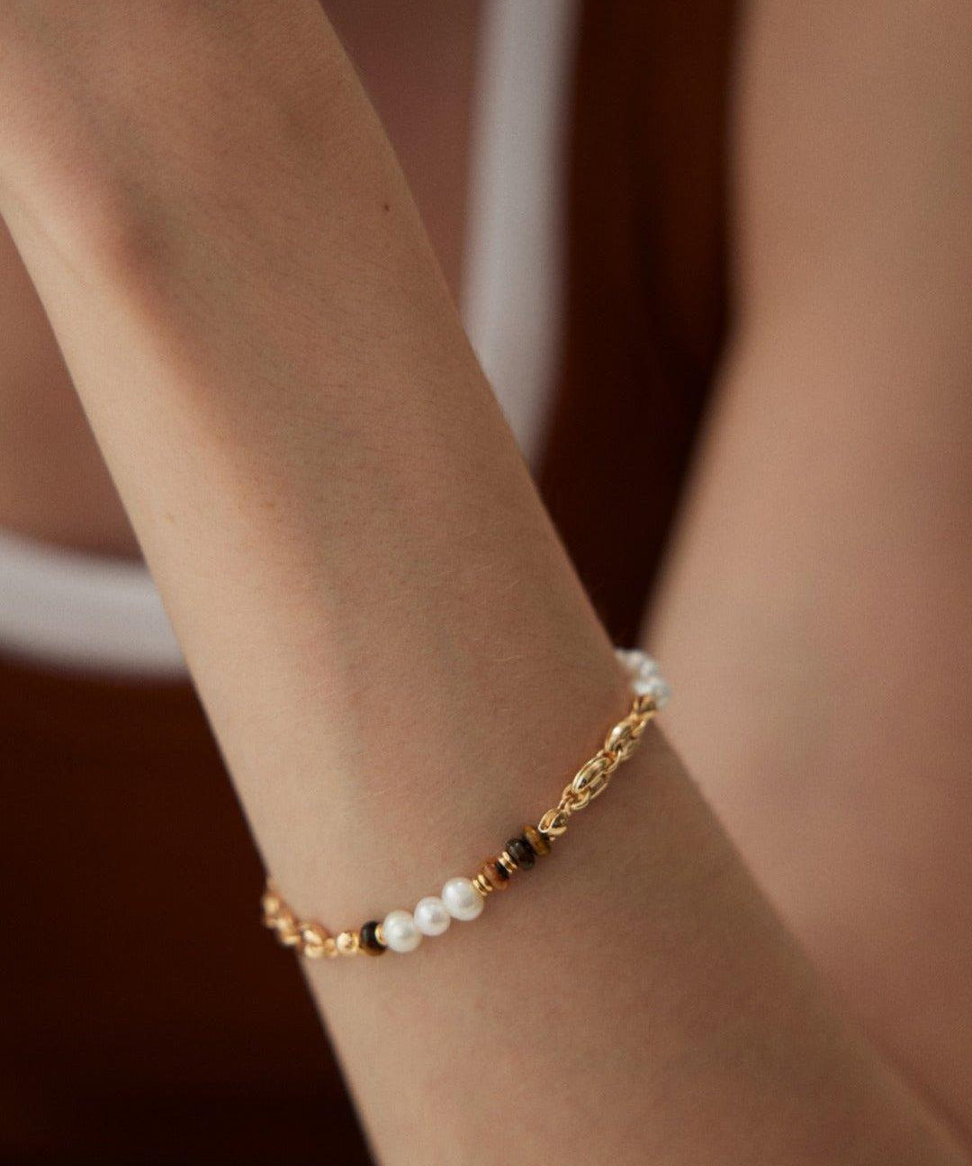 Tiger's Eye Gold Chain Pearl Bracelet - Gembea Jewelry