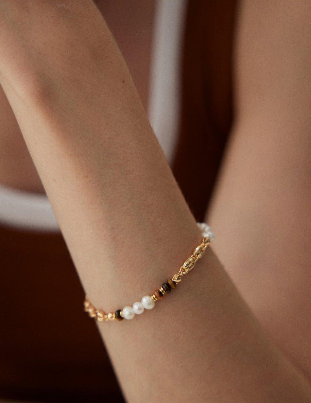 Tiger's Eye Gold Chain Pearl Bracelet - Gembea Jewelry