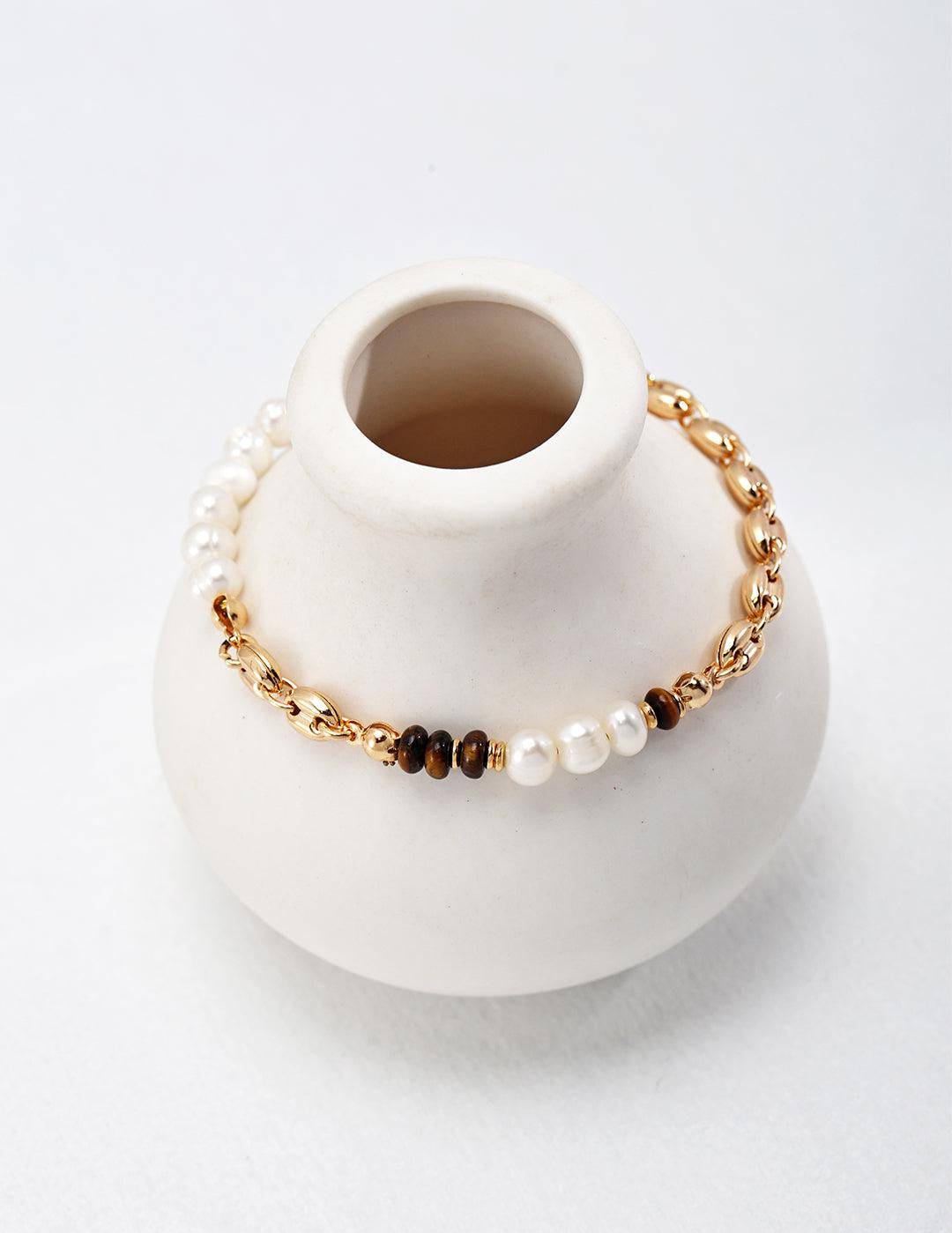 Tiger's Eye Gold Chain Pearl Bracelet - Gembea Jewelry