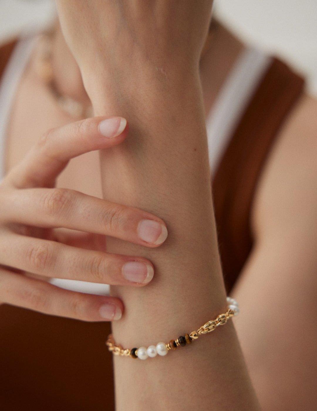 Tiger's Eye Gold Chain Pearl Bracelet - Gembea Jewelry