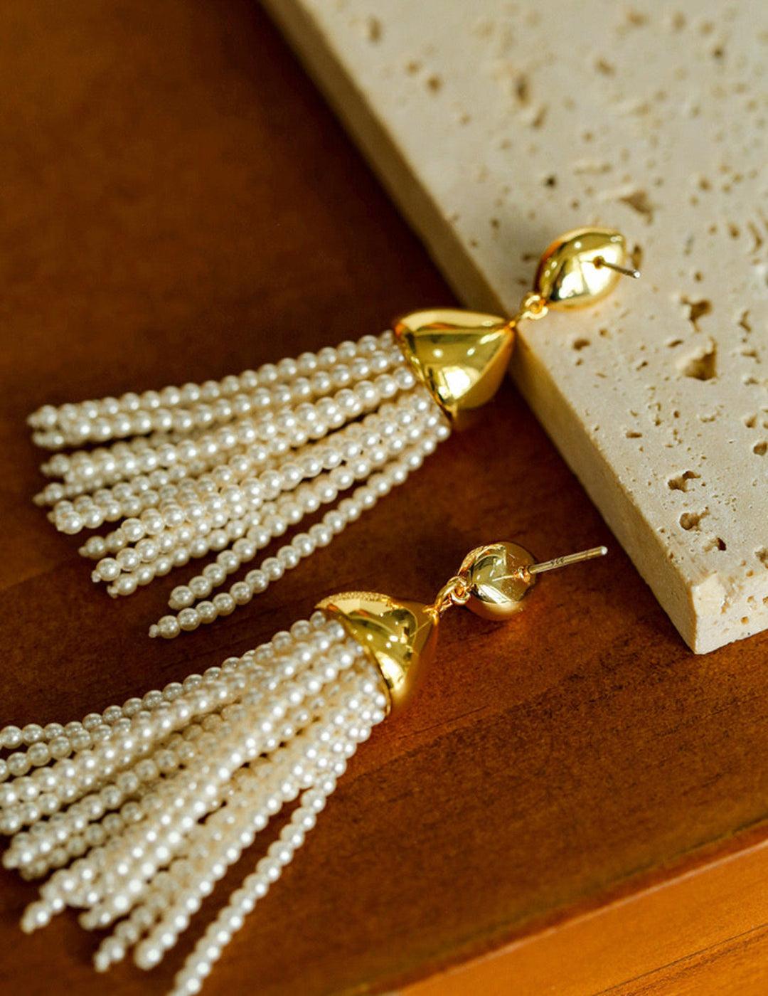 Tiger Eye Stone Princess Tassel Pearl Earrings - Gembea Jewelry