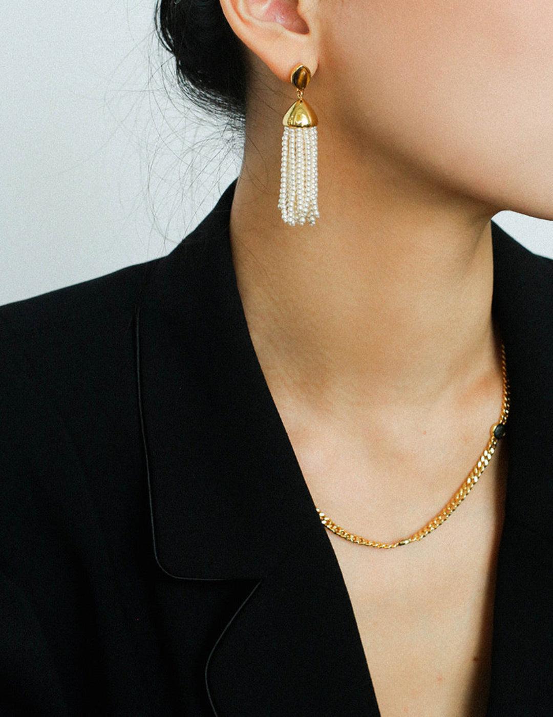 Tiger Eye Stone Princess Tassel Pearl Earrings - Gembea Jewelry