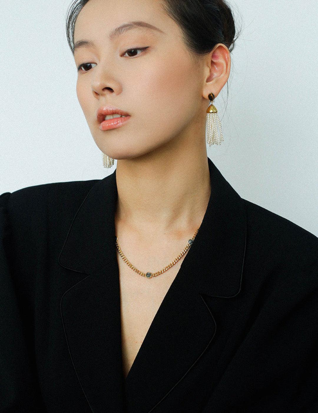 Tiger Eye Stone Princess Tassel Pearl Earrings - Gembea Jewelry