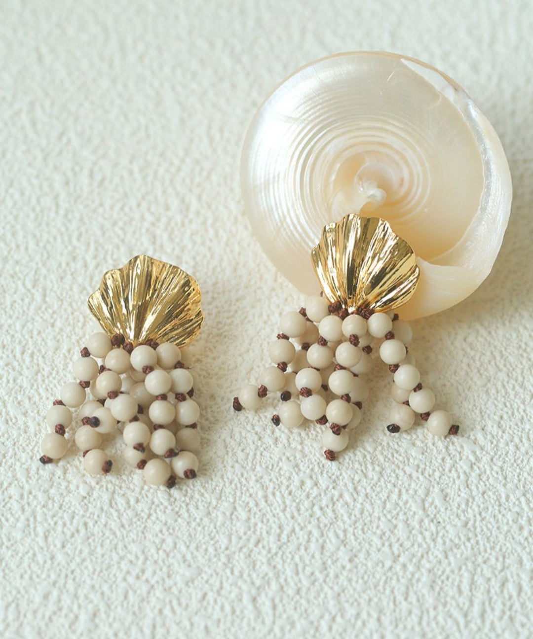 Vacation White Fossil Bead Tassel Earrings gembea jewelry
