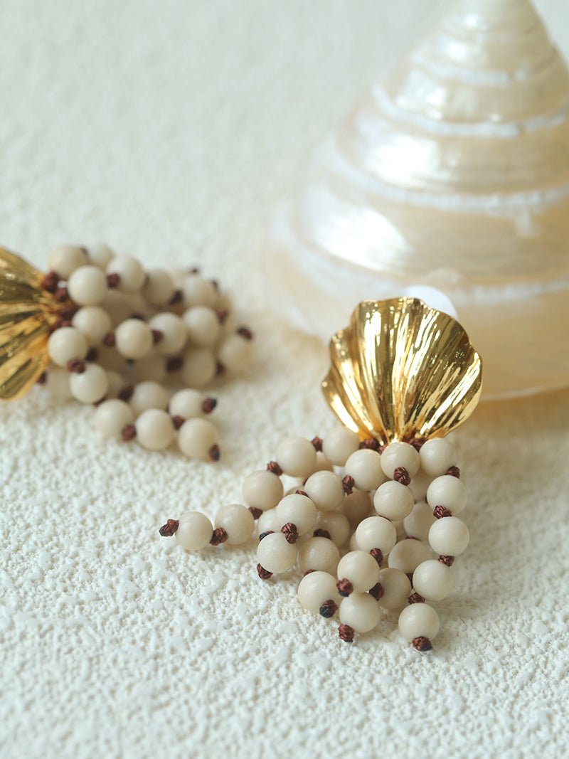 Vacation White Fossil Bead Tassel Earrings gembea jewelry