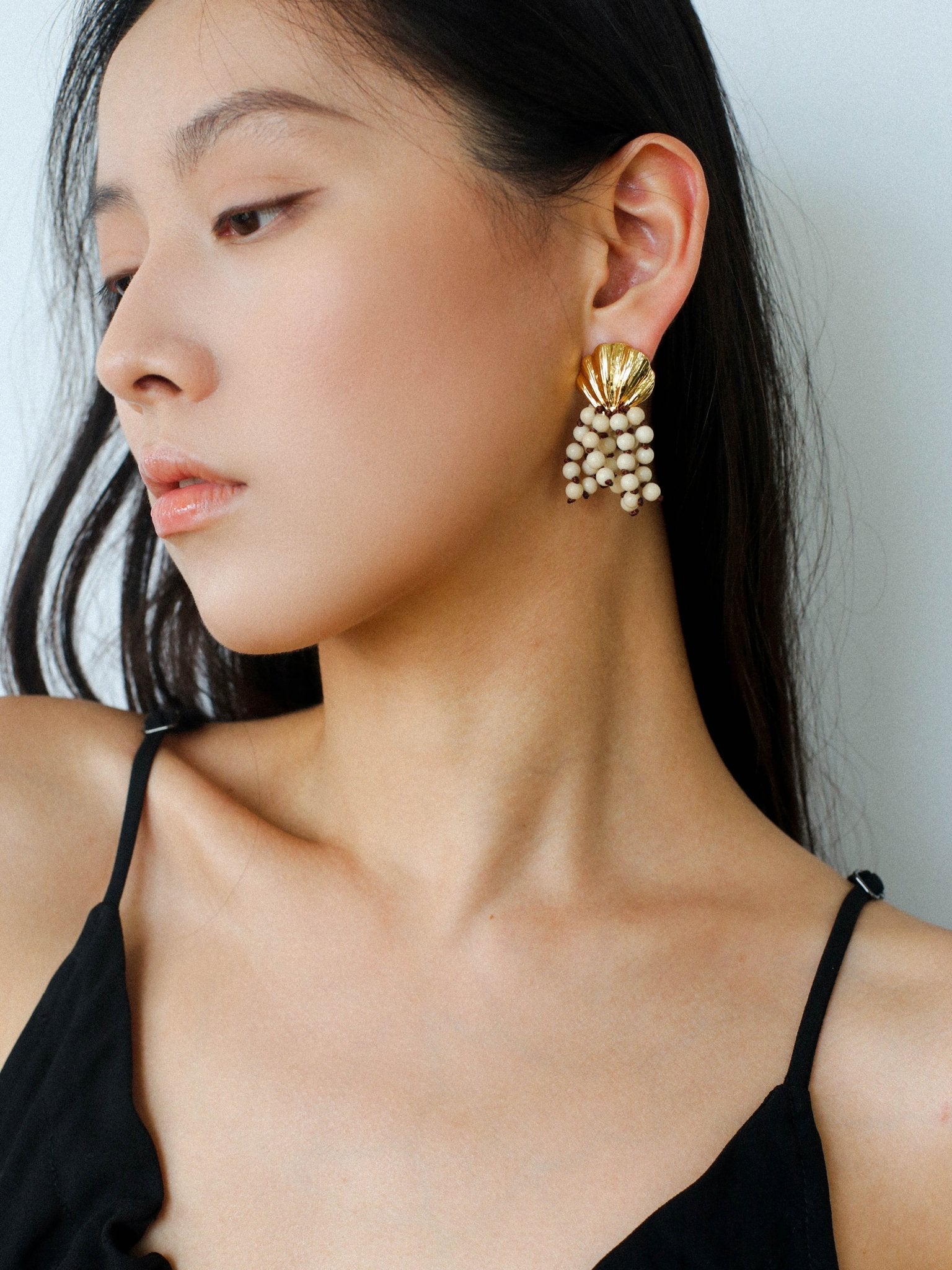 Vacation White Fossil Bead Tassel Earrings gembea jewelry