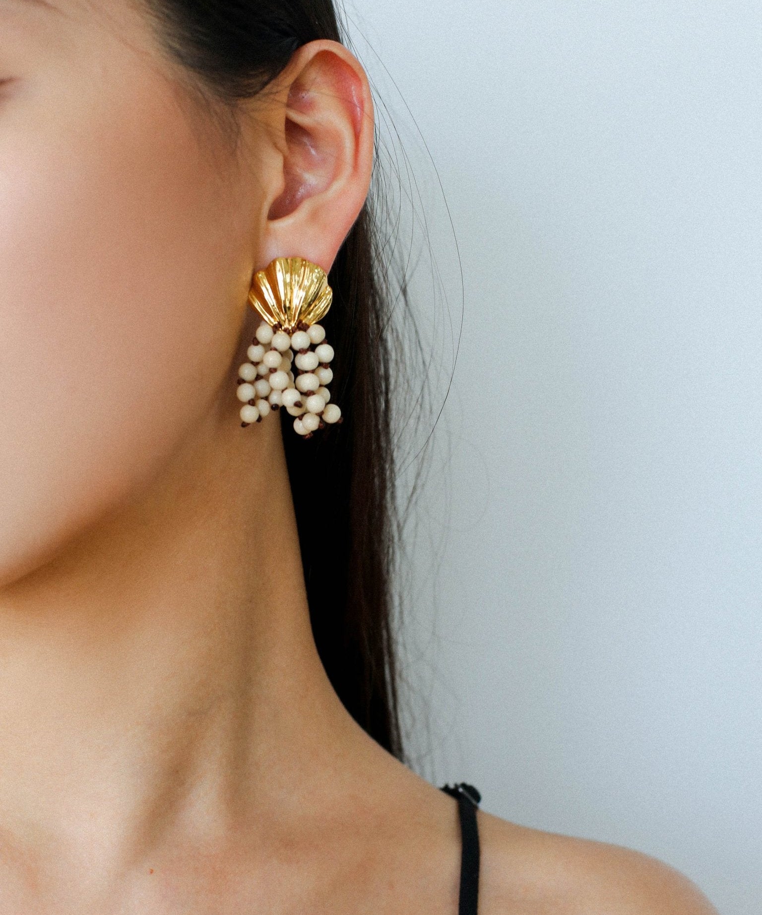 Vacation White Fossil Bead Tassel Earrings gembea jewelry