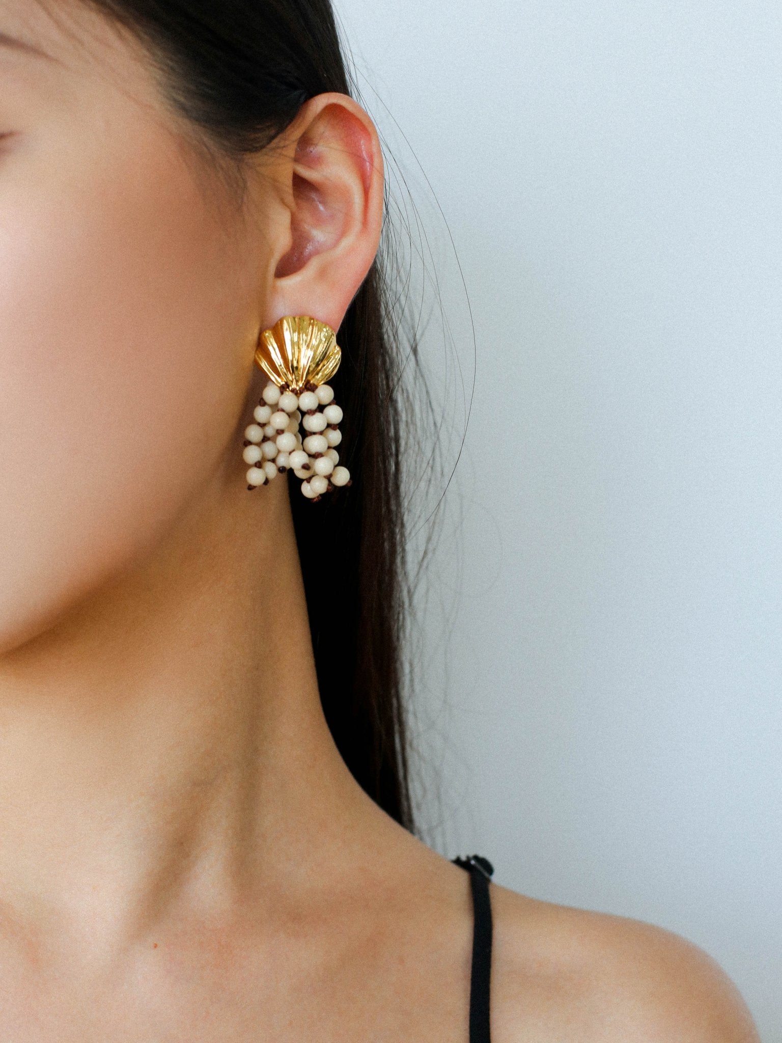 Vacation White Fossil Bead Tassel Earrings gembea jewelry