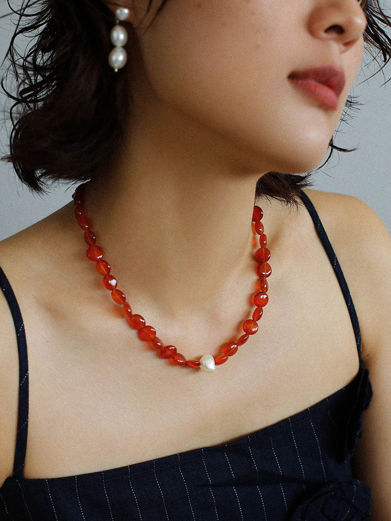 Vantage Red Agate Baroque Pearl Necklace-Gembea Jewelry