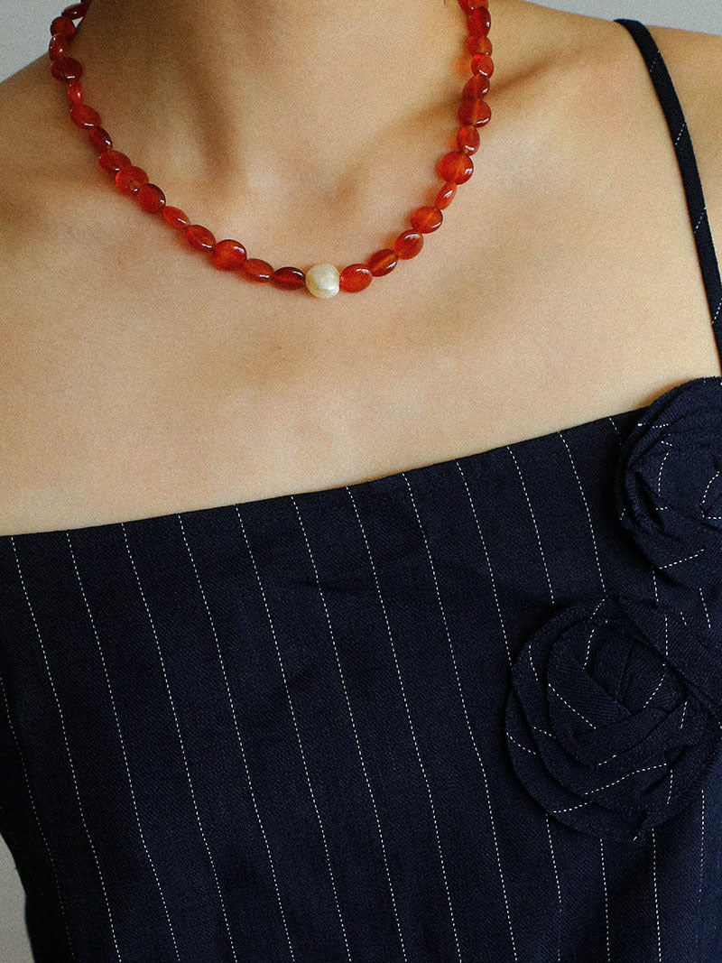 Vantage Red Agate Baroque Pearl Necklace-Gembea Jewelry