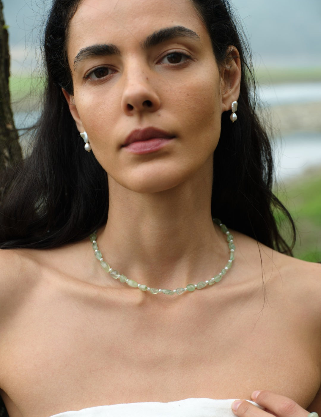 Verdant Flow Irregular Prehnite Pearl Necklace gembea jewelry