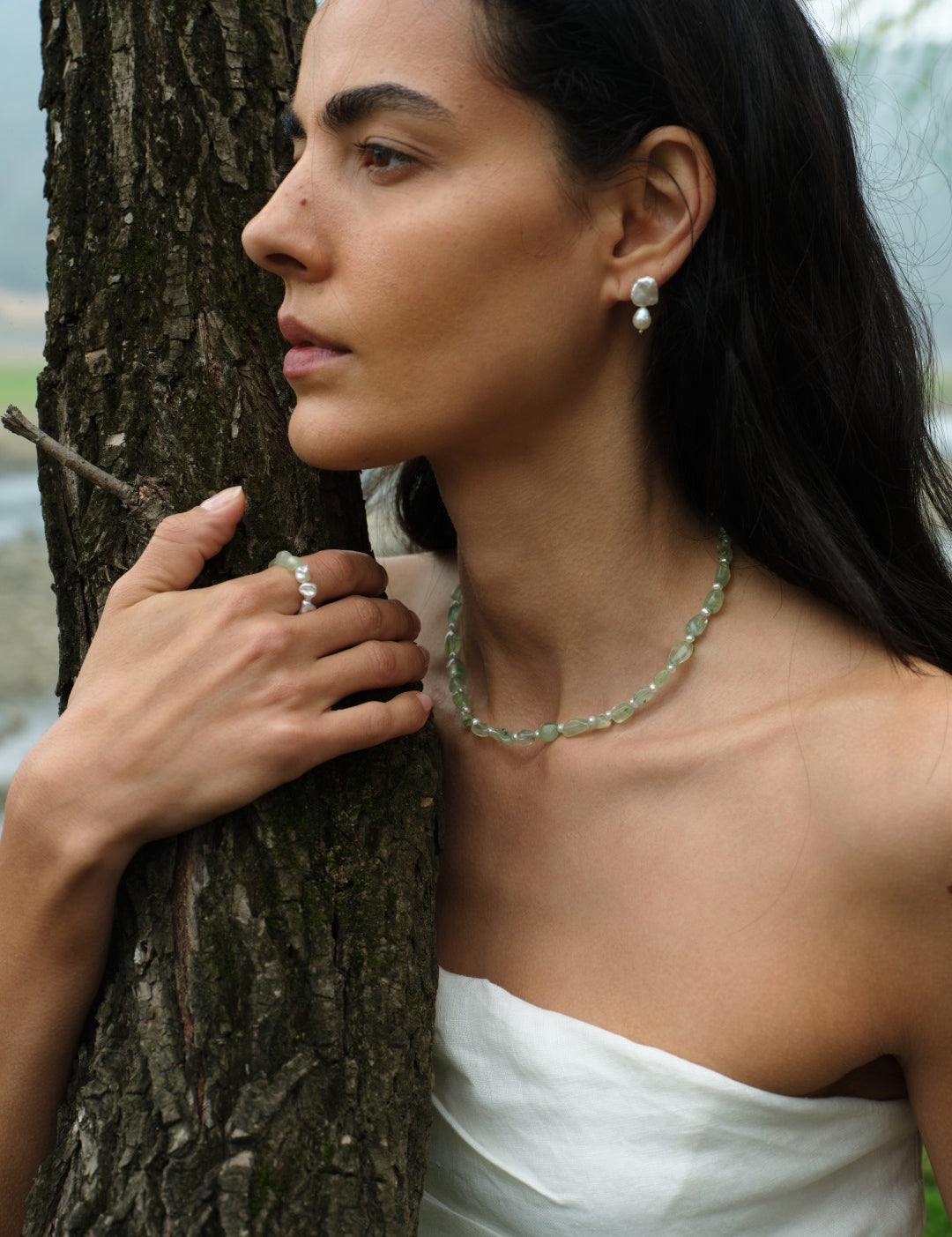 Verdant Flow Irregular Prehnite Pearl Ring gembea jewelry