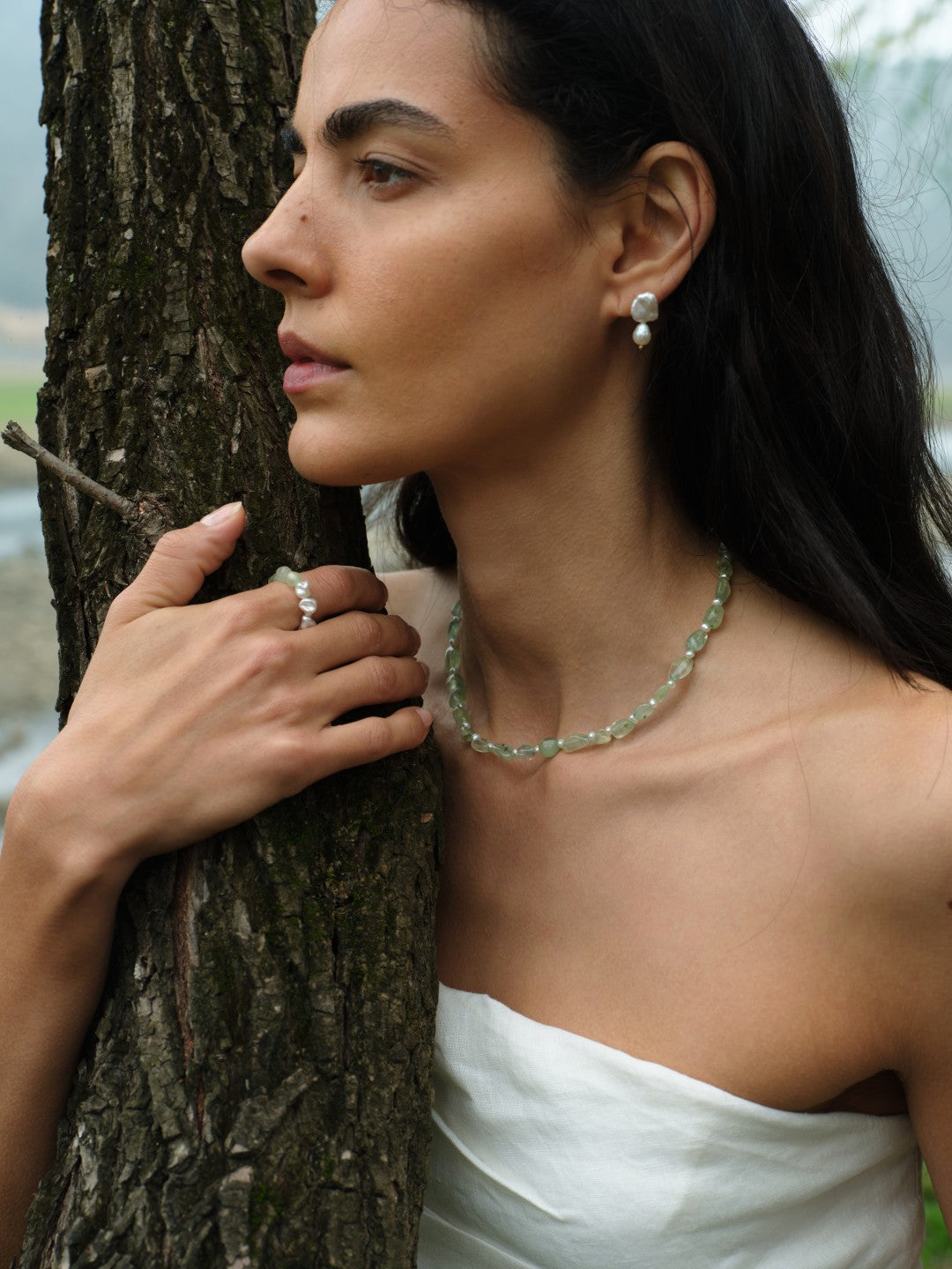 Verdant Flow Irregular Prehnite Pearl Ring gembea jewelry