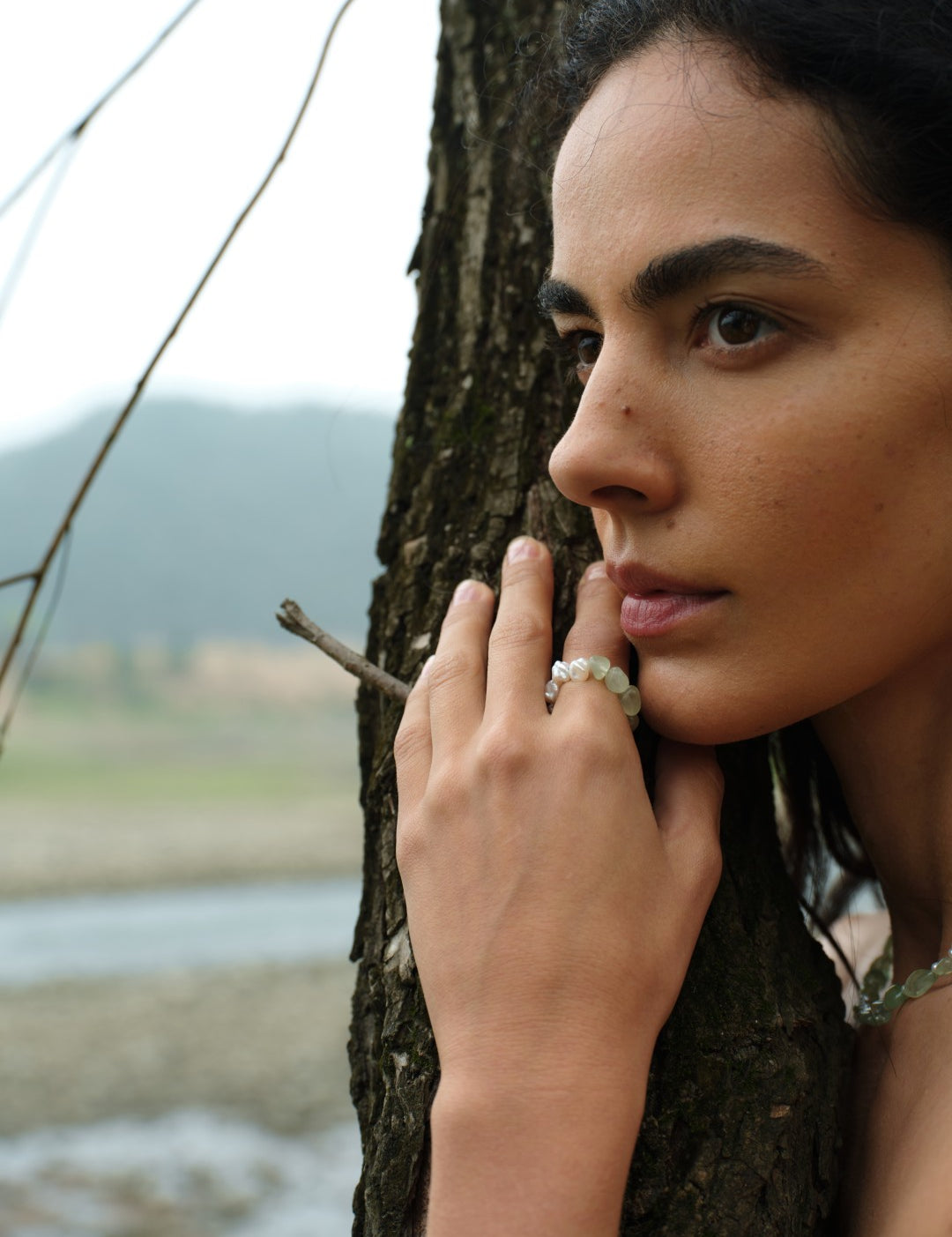 Verdant Flow Irregular Prehnite Pearl Ring gembea jewelry