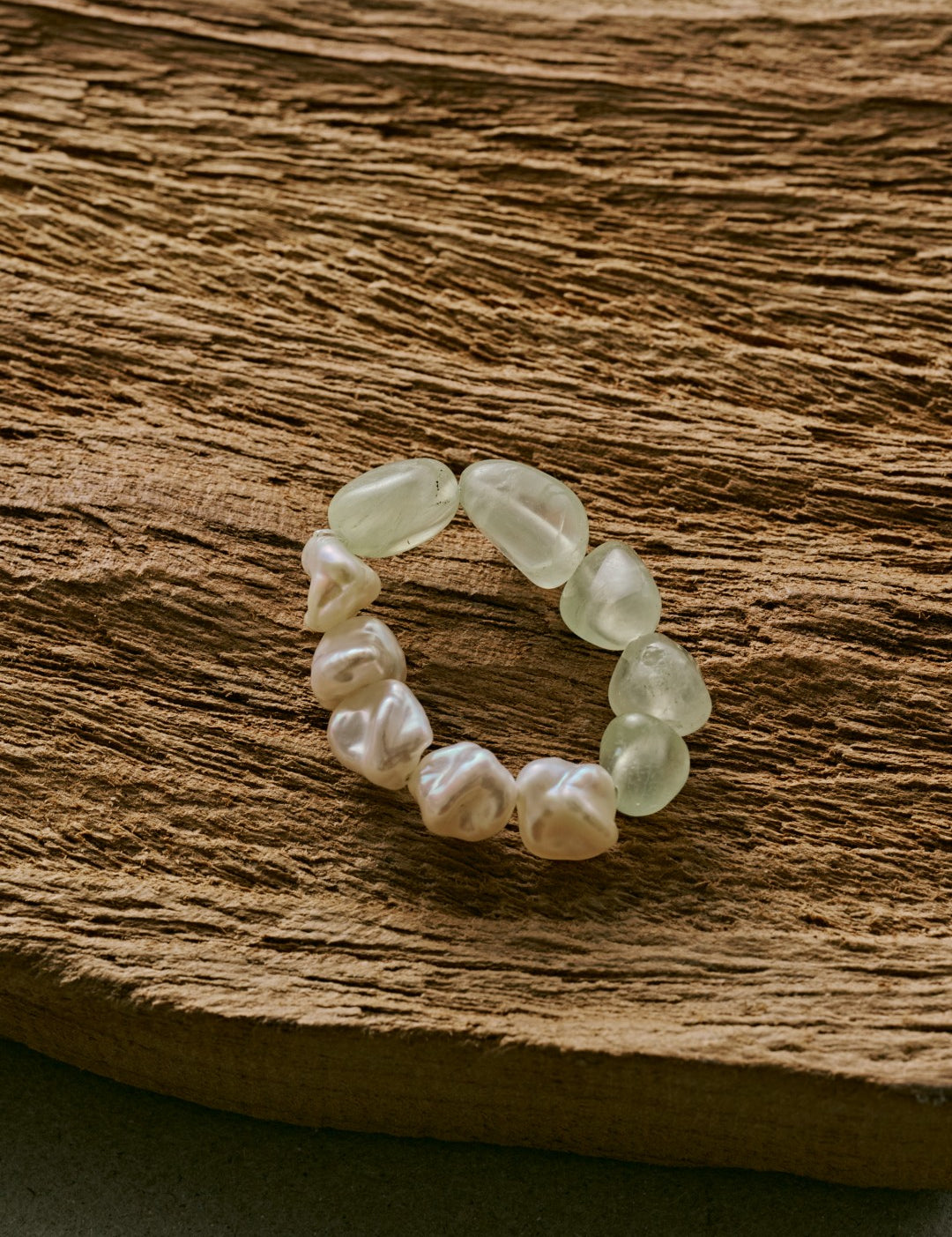 Verdant Flow Irregular Prehnite Pearl Ring gembea jewelry