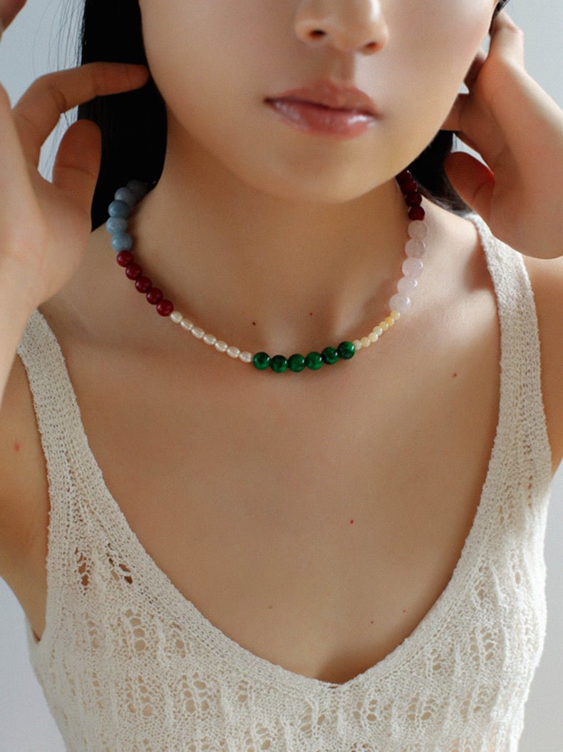 Vibrant Multicolored Gemstone Pearl Beaded Necklace gembea jewelry