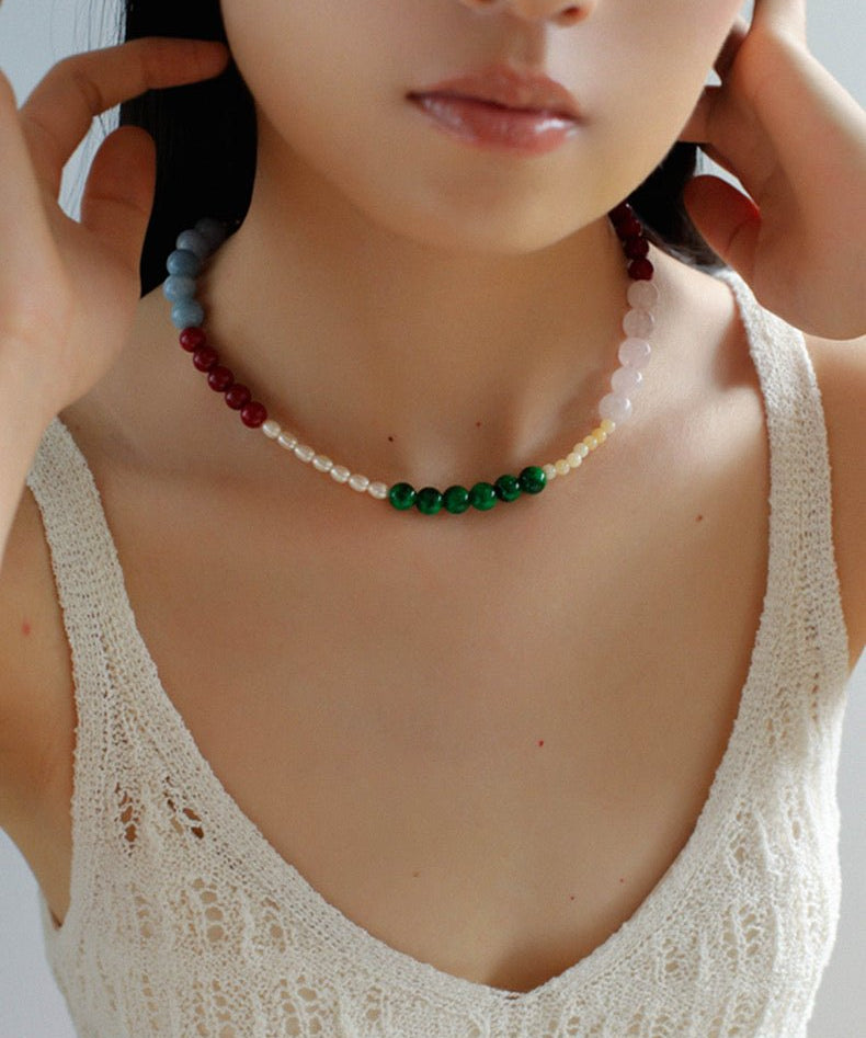 Vibrant Multicolored Gemstone Pearl Beaded Necklace gembea jewelry