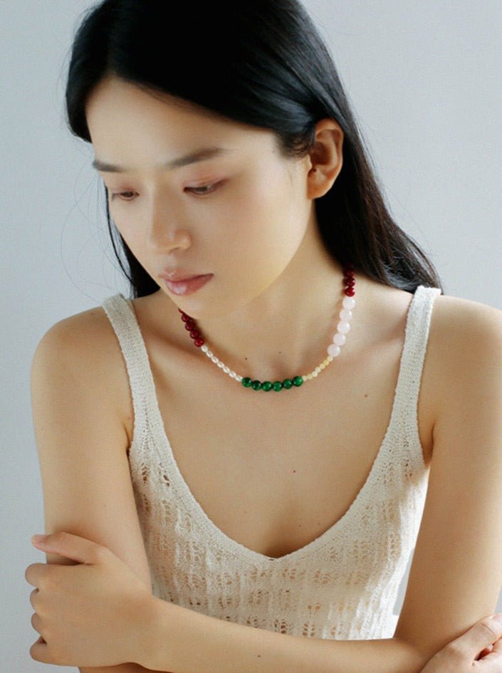 Vibrant Multicolored Gemstone Pearl Beaded Necklace gembea jewelry