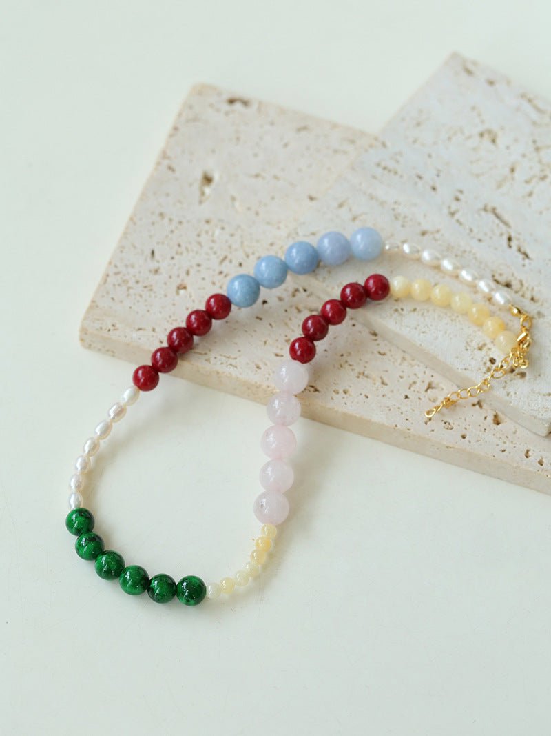 Vibrant Multicolored Gemstone Pearl Beaded Necklace gembea jewelry