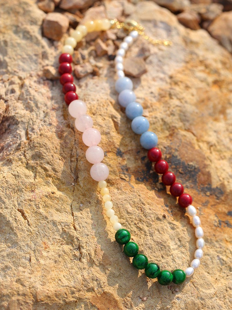 Vibrant Multicolored Gemstone Pearl Beaded Necklace gembea jewelry