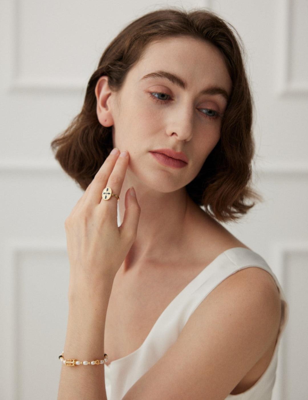 Vintage Court Style Black Dripping Glaze Enamel Ring - Gembea Jewelry