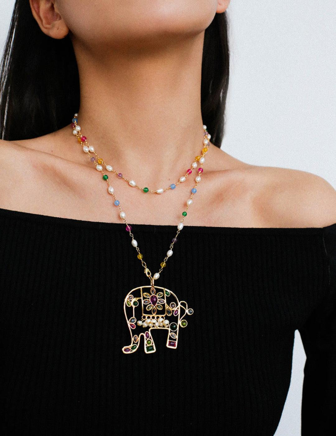 Vintage Coloured Glaze Pearl Elephant Necklace - Gembea Jewelry