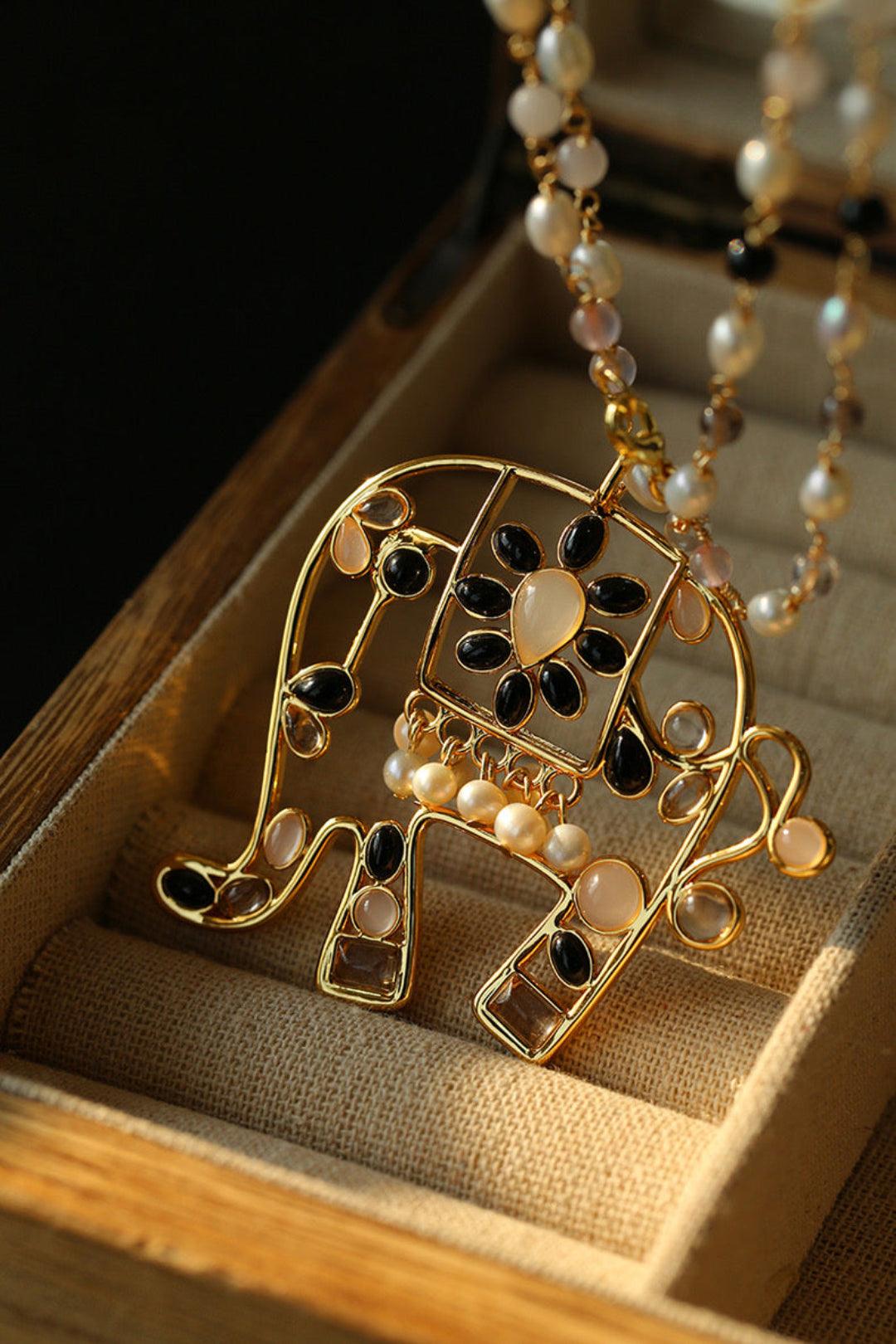 Vintage Coloured Glaze Pearl Elephant Necklace - Gembea Jewelry