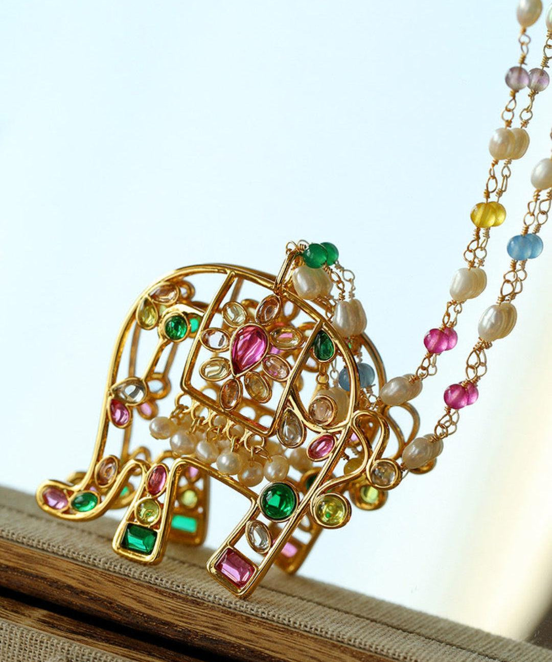 Vintage Coloured Glaze Pearl Elephant Necklace - Gembea Jewelry