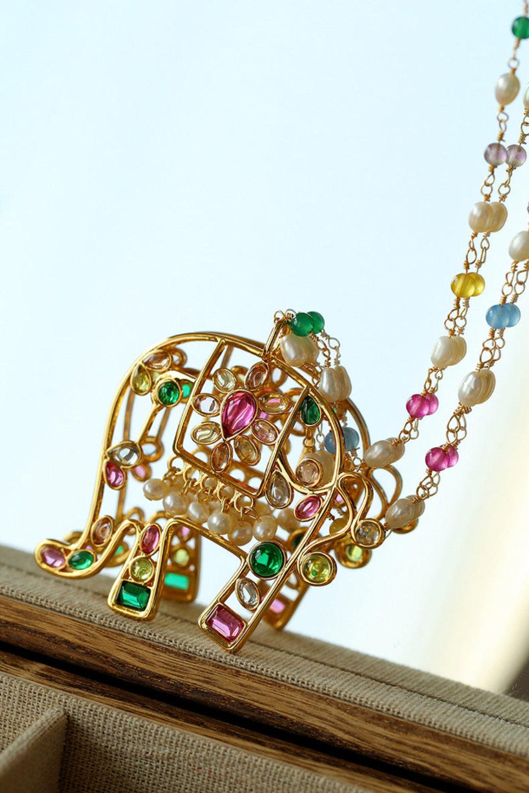 Vintage Coloured Glaze Pearl Elephant Necklace - Gembea Jewelry