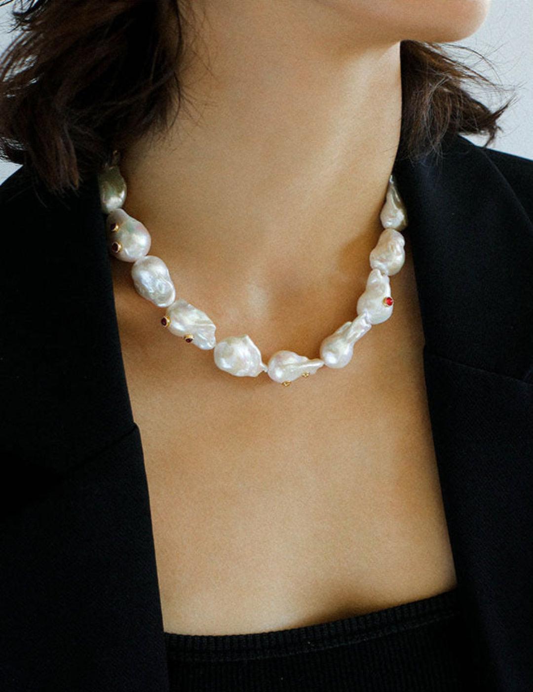 Vintage Crystal Set in Large Baroque Pearl Necklace - Gembea Jewelry