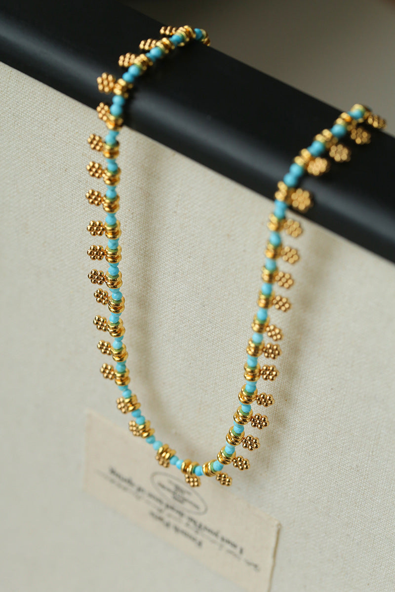 Vintage Floral Blue Turquoise Beaded Choker Necklace gembea jewelry