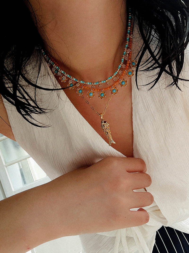Vintage Floral Blue Turquoise Beaded Choker Necklace gembea jewelry