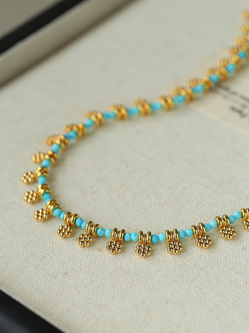 Vintage Floral Blue Turquoise Beaded Choker Necklace gembea jewelry