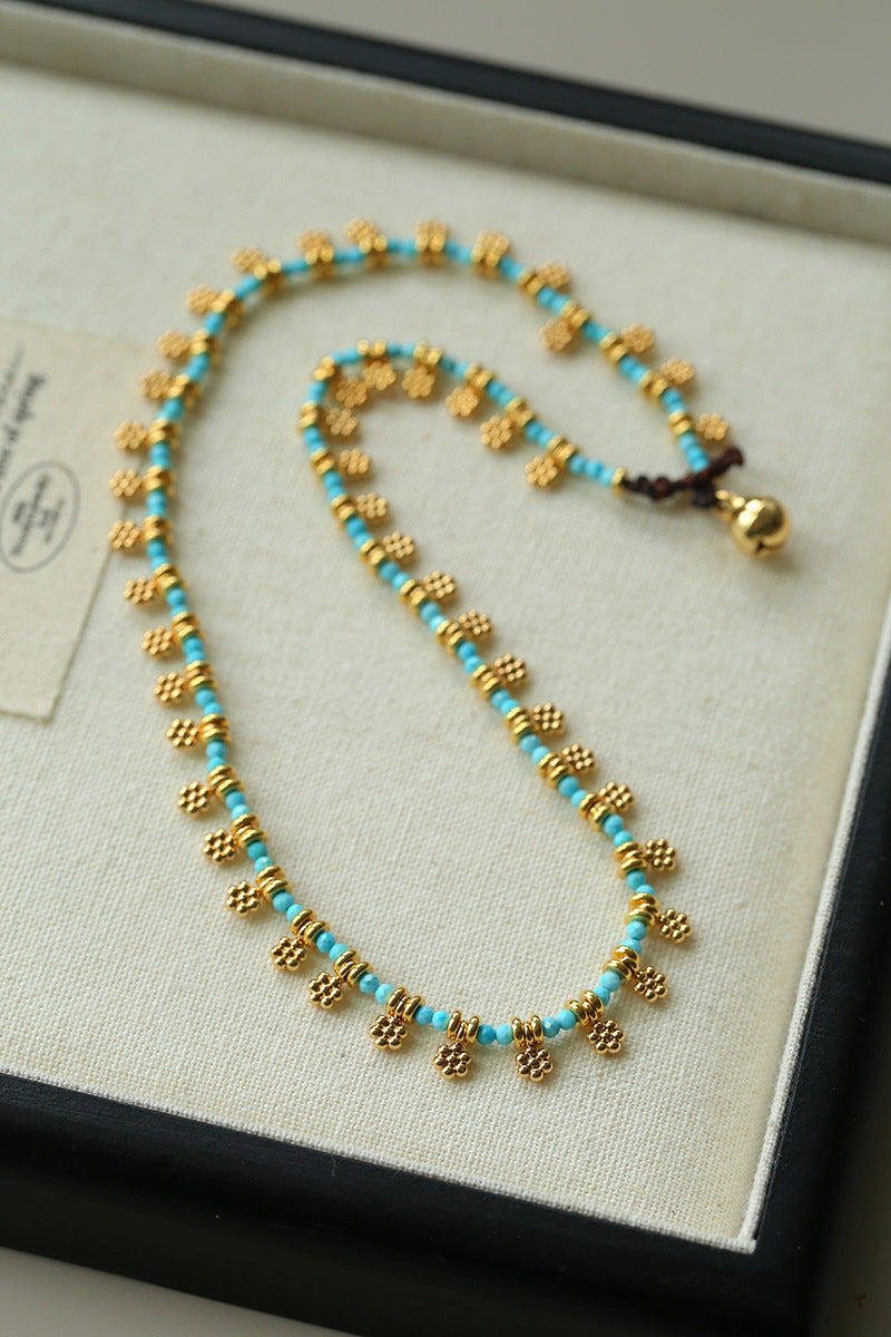 Vintage Floral Blue Turquoise Beaded Choker Necklace gembea jewelry