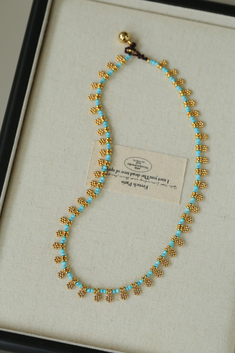 Vintage Floral Blue Turquoise Beaded Choker Necklace gembea jewelry