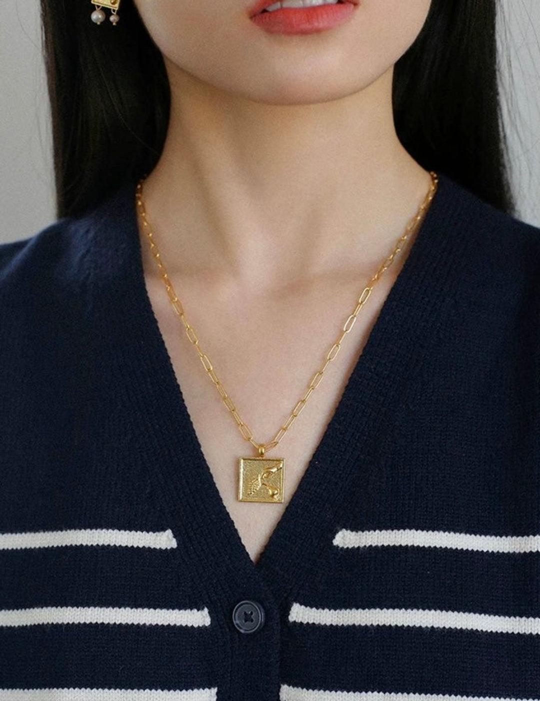 Vintage Gold Embossed Square Necklace - Gembea Jewelry