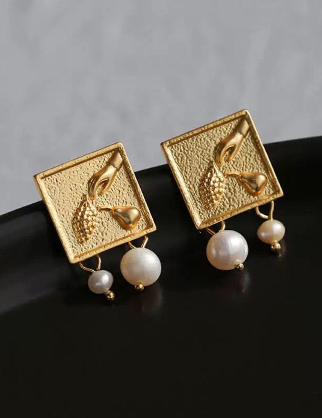 Vintage Gold Embossed Square Pearl Earrings - Gembea Jewelry