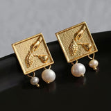 Vintage Gold Embossed Square Pearl Earrings - Gembea Jewelry
