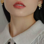 Vintage Gold Embossed Square Pearl Earrings - Gembea Jewelry
