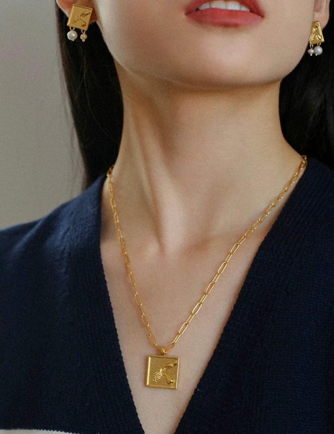 Vintage Gold Embossed Square Pearl Earrings - Gembea Jewelry