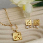 Vintage Gold Embossed Square Pearl Earrings - Gembea Jewelry