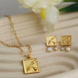 Vintage Gold Embossed Square Pearl Earrings - Gembea Jewelry