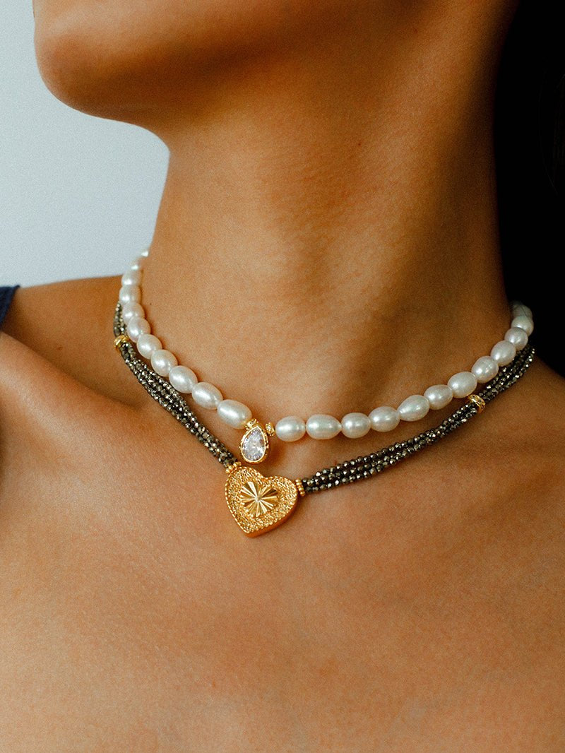 Vintage Heart Pendant Freshwater Pearl Beaded Necklace gembea jewelry